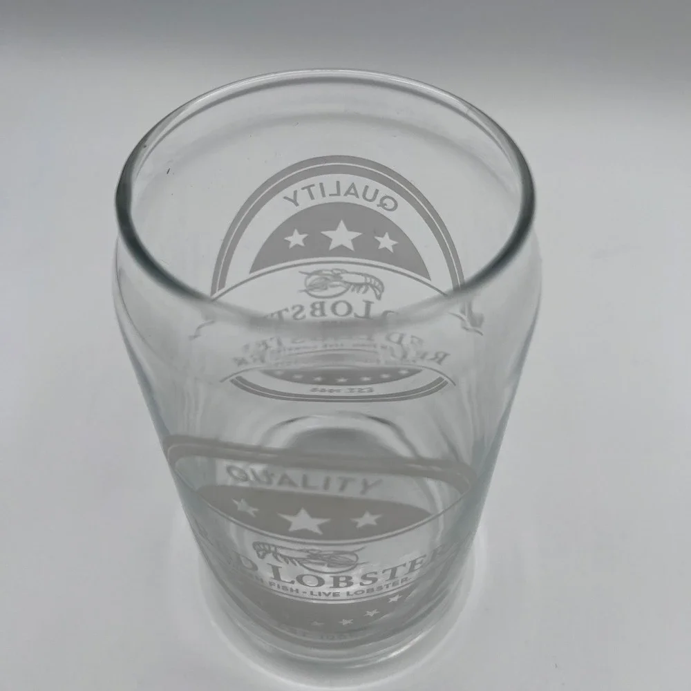 Red Lobster Can shaped Glass Etched Logo 1968 Barware